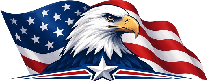 The All American Hosting eagle before a waving American flag